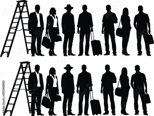 Silhouettes of diverse people standing near ladder, business attire, casual clothing, repetition concept, vector illustration for design, comparison, pattern recognition