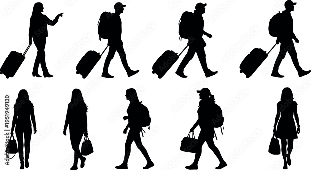 Fototapeta premium Silhouette vector illustration of travelers with luggage, walking and standing, casual travel icons, journey concepts, tourism graphics, airport people