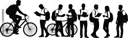Student silhouettes collection, campus life vector illustration, diverse postures design with backpacks, bicycles, study, lifestyle inspiration