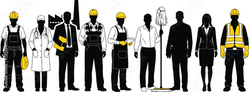 Silhouettes of diverse professionals in various occupations, construction workers, doctor, business people, janitor, factory staff, modern workforce vector illustration