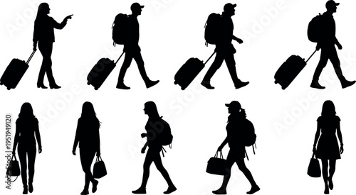 Silhouette vector illustration of travelers with luggage, walking and standing, casual travel icons, journey concepts, tourism graphics, airport people
