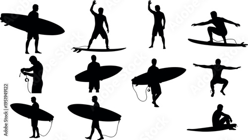 Silhouette vector illustration of surfers in varied poses with surfboards, dynamic stances representing ocean sport, balance, and agility