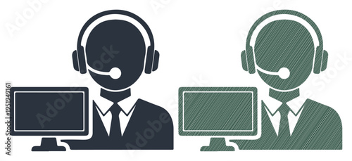 Customer service icons of people wearing headsets and working at computers