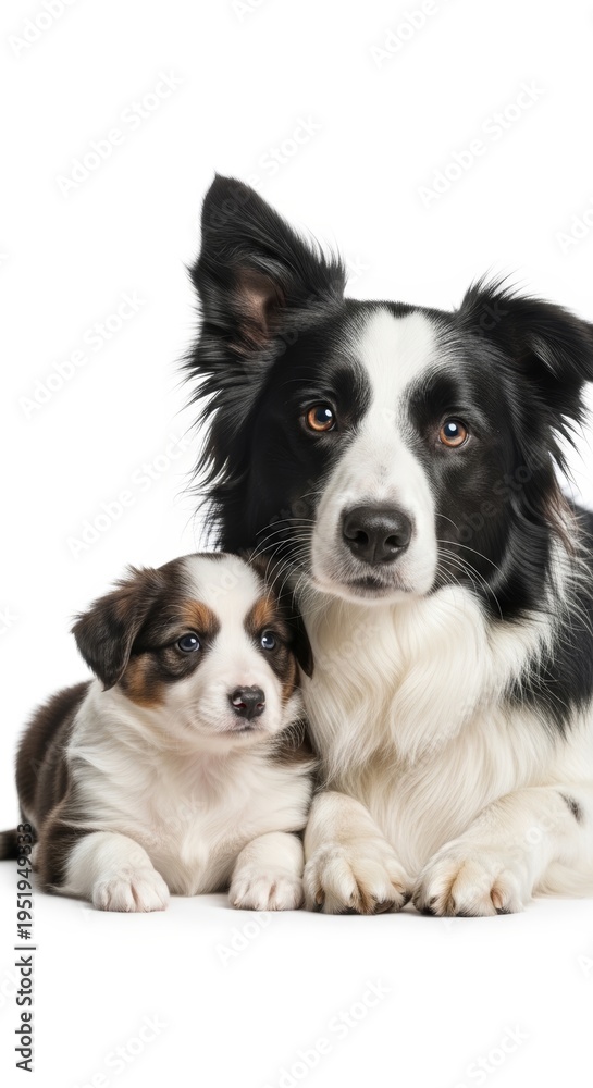 Fototapeta premium Adorable Border Collie Family Resting on a Clean White Surface