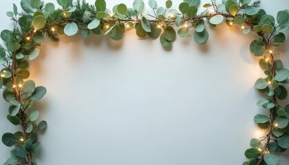 Green eucalyptus branches, fir needles with warm fairy lights arranged on clean light background. Festive garland offers natural, cosy, elegant decorative border for seasonal greetings, home decor.