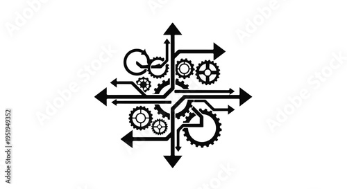 Complex mechanical gear system with arrows innovative technology concept for business and engineering applications