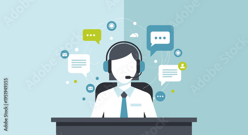 Customer Service Representative with Headset and Chat Bubbles.