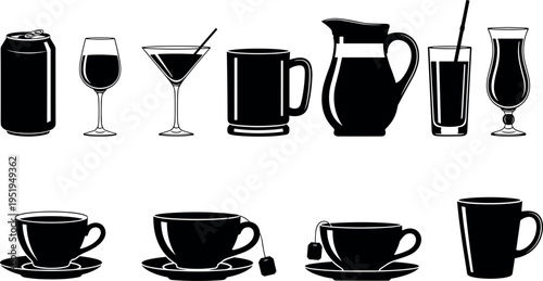Vector illustration of drinkware silhouettes in grid, including soda can, wine glass, coffee mug, teacup, pitcher, and cocktail glass