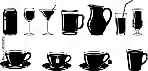 Silhouettes of drink containers including soda can, wine glass, martini, beer mug, pitcher, cocktail, teacup, and coffee mug illustration