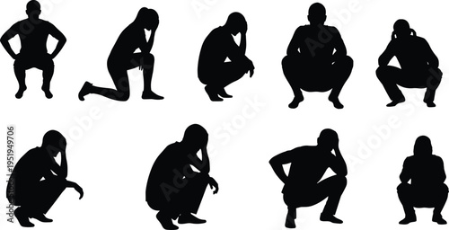 Silhouettes of people squatting and crouching, vector illustration showing human postures, body language, gesture variations for creative and educational use