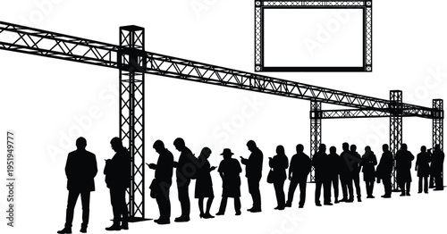 Silhouettes of people standing in line under truss structure, event entry, architectural framework, organized queue vector illustration design