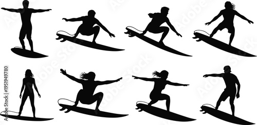Surfer silhouettes illustration, surfing poses vector design, ocean sport icons, balance agility art, wave riding collection