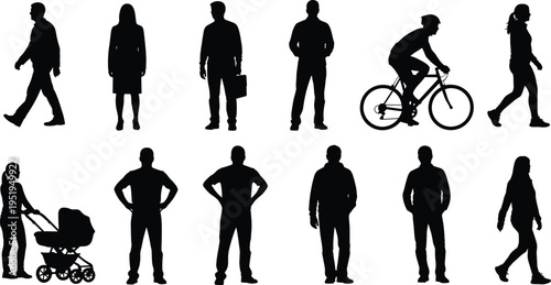 Silhouettes of people walking, standing, cycling, pushing stroller, casual lifestyle, diverse human poses, everyday activity vector illustration