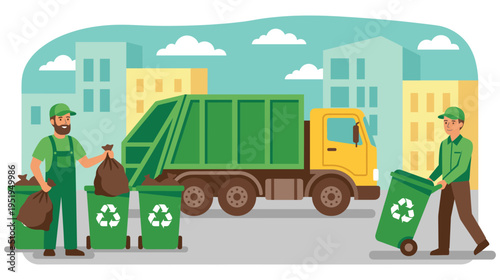 Garbage collectors working with truck and bins urban sanitation service