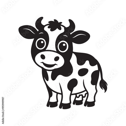 Cute Cartoon Cow Black and White Vector Illustration