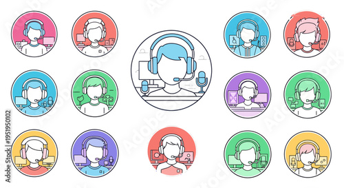 Customer service representatives wearing headsets.