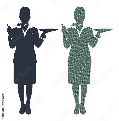 Attentive flight attendant offering service with a smile and tray