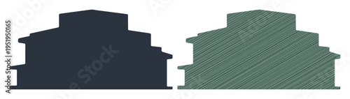 Two stylized building outlines side by side, one solid and one hatched