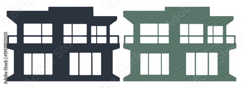 Two modern houses side by side, one dark blue, one green, with large windows and balconies.