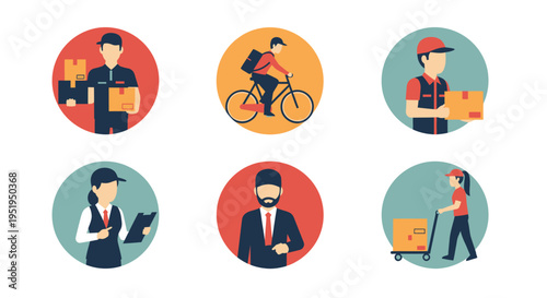 Delivery workers with packages and carts.