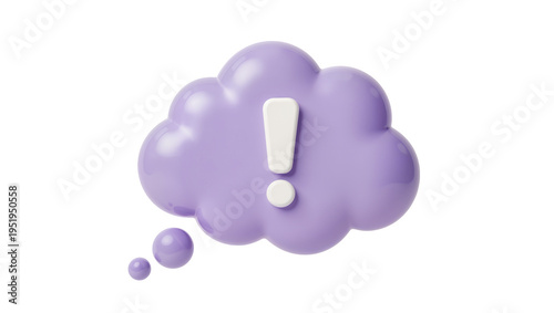 Obraz na plátně Glossy 3D purple thought bubble with a white exclamation mark, isolated on trans
