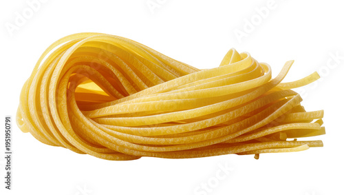 Uncooked yellow flat pasta nest, a traditional Italian food staple, perfectly isolated PNG on a clean background, ready for culinary designs