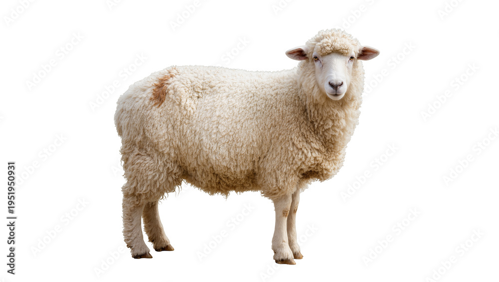 Fototapeta premium Fluffy white sheep with curly wool and a distinctive brown patch on its back, standing gracefully, isolated PNG on transparent background, farm animal livestock
