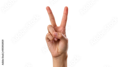 Foto Human hand showing two fingers up, making a peace or victory sign, isolated on t