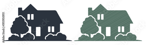 Two simple house icons with trees and bushes, one solid, one sketched