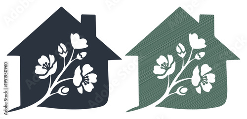 Charming house icons with blooming floral branches symbolizing growth and new beginnings