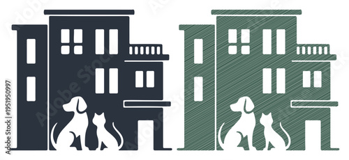 Loyal dog and cat companions sit together in front of a modern apartment building