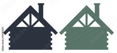 Two rustic cabin silhouettes, one dark blue and one green, side by side on a white background.