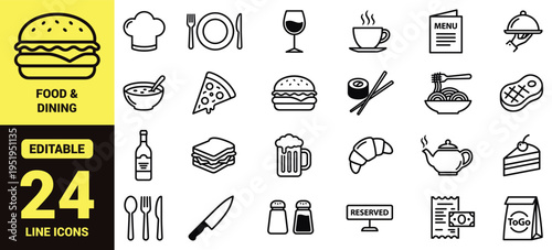 Food and dining icon set featuring chef hat, utensils, beverages, meals, desserts, and high‑ranking culinary elements for restaurant menus, food blogs, and modern line‑art vector design