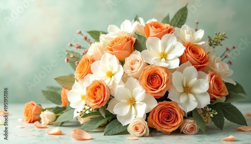 Vibrant bouquet features orange roses and white blossoms with green leaves. Flower arrangement rests on table with scattered petals. Soft pastel backdrop complements floral beauty.