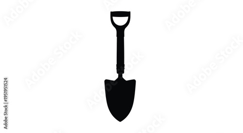 A stark black silhouette of a gardening shovel on white background