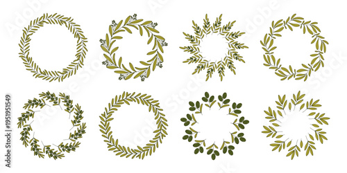 Mediterranean vintage circle frame green olive branch plants set