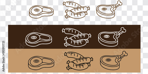 Meat icon set chicken drumstick bacon steak sausage ribs line art vector illustration minimalist
