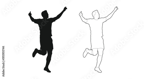 Jumping man in celebratory pose black form contrasted with line art silhouette