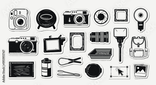 A collection of black and white photography equipment and tools depicted as stickers, including cameras, lenses, darkroom supplies, and digital editing icons.