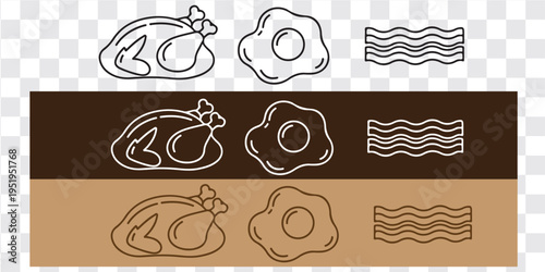 Fried egg wave line art icon set, roast chicken, vector illustration, minimalist food symbol