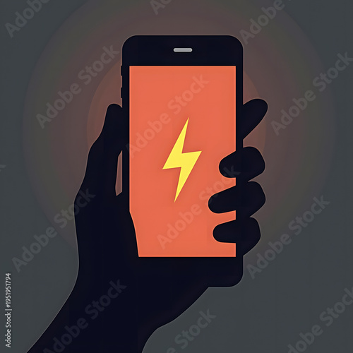 human hand holding smartphone with yellow lightning bolt symbol on orange screen, flat illustration of fast mobile charging concept on dark background