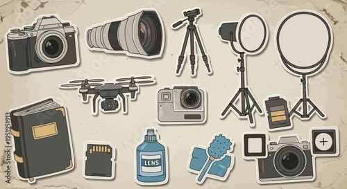 A comprehensive collection of various photography equipment and accessories depicted as stickers on a textured background, including cameras, lenses, drones, and lighting gear.
