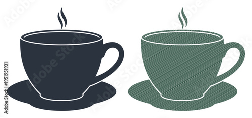 Two steaming cups of coffee or tea side by side on saucers.