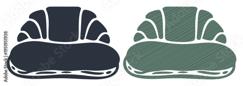 Two stylized helmets, one dark blue and one green, side by side