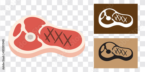 Steak cartoon illustration grilled beef meat bone icon raw cooked grill marks vector