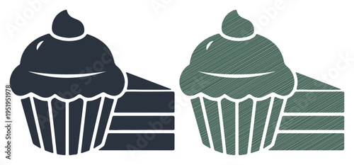 Two tempting cupcakes with frosting and a slice of cake, side by side