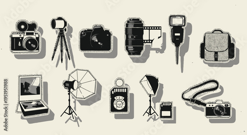 A detailed collection of vintage-style photography and videography equipment, including cameras, tripods, lenses, flashes, and studio lighting gear.