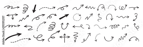 Hand drawn arrow collection with curves, loops and dashed paths, doodle navigation symbols showing direction, movement and flow, useful for infographics, guides, diagrams and web design