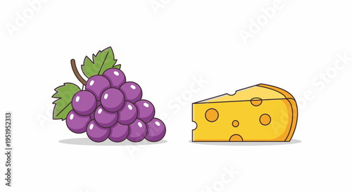 Bunch of Fresh Purple Grapes and Sliced Yellow Cheese Wedge Flat Vector Illustration Isolated on White Background for Food Design