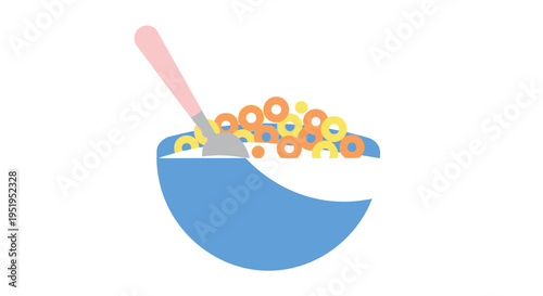 Minimalist Flat Illustration of a Blue Bowl with Colorful Cereal Loops, Milk, and a Spoon